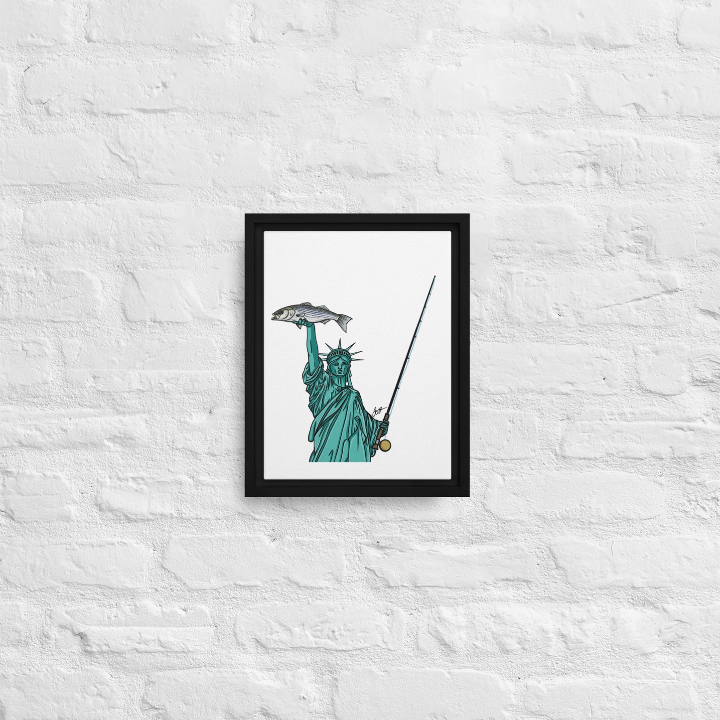 Lady Liberty Holding a Striper: Freedom! Framed Canvas Print