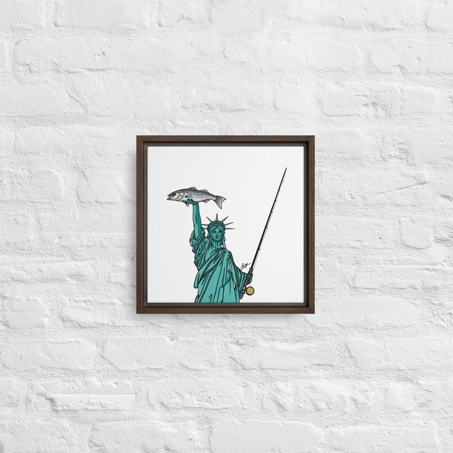 Lady Liberty Holding a Striper: Freedom! Framed Canvas Print