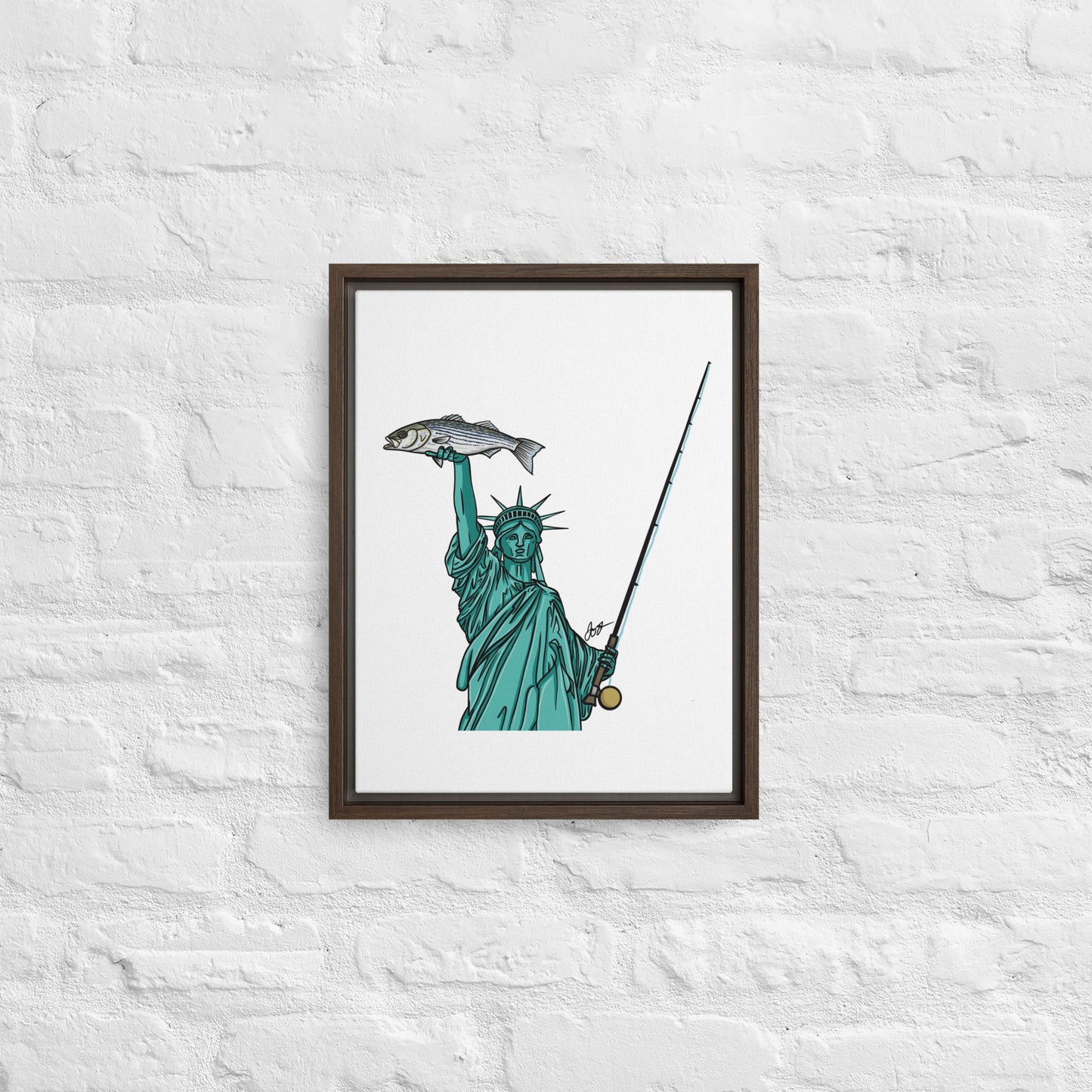 Lady Liberty Holding a Striper: Freedom! Framed Canvas Print