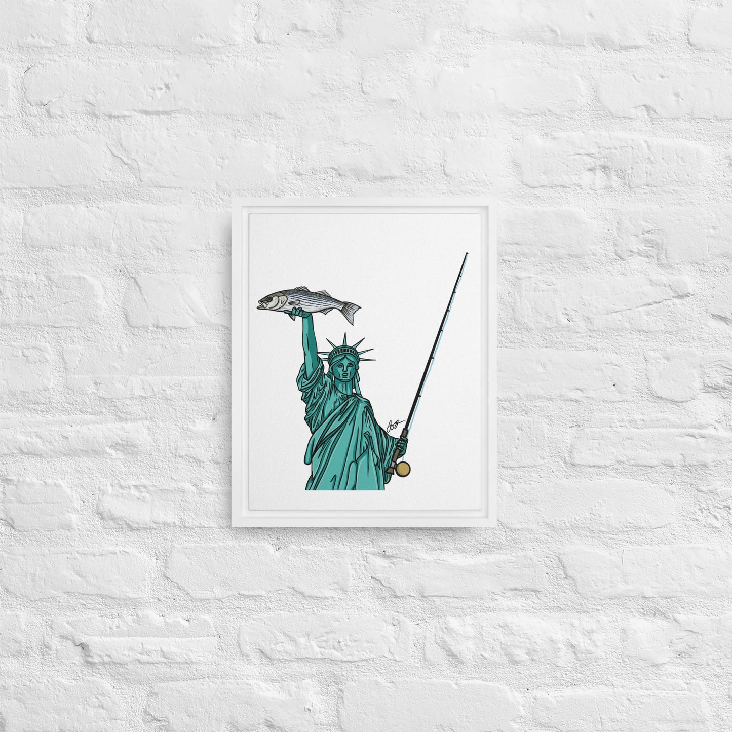 Lady Liberty Holding a Striper: Freedom! Framed Canvas Print