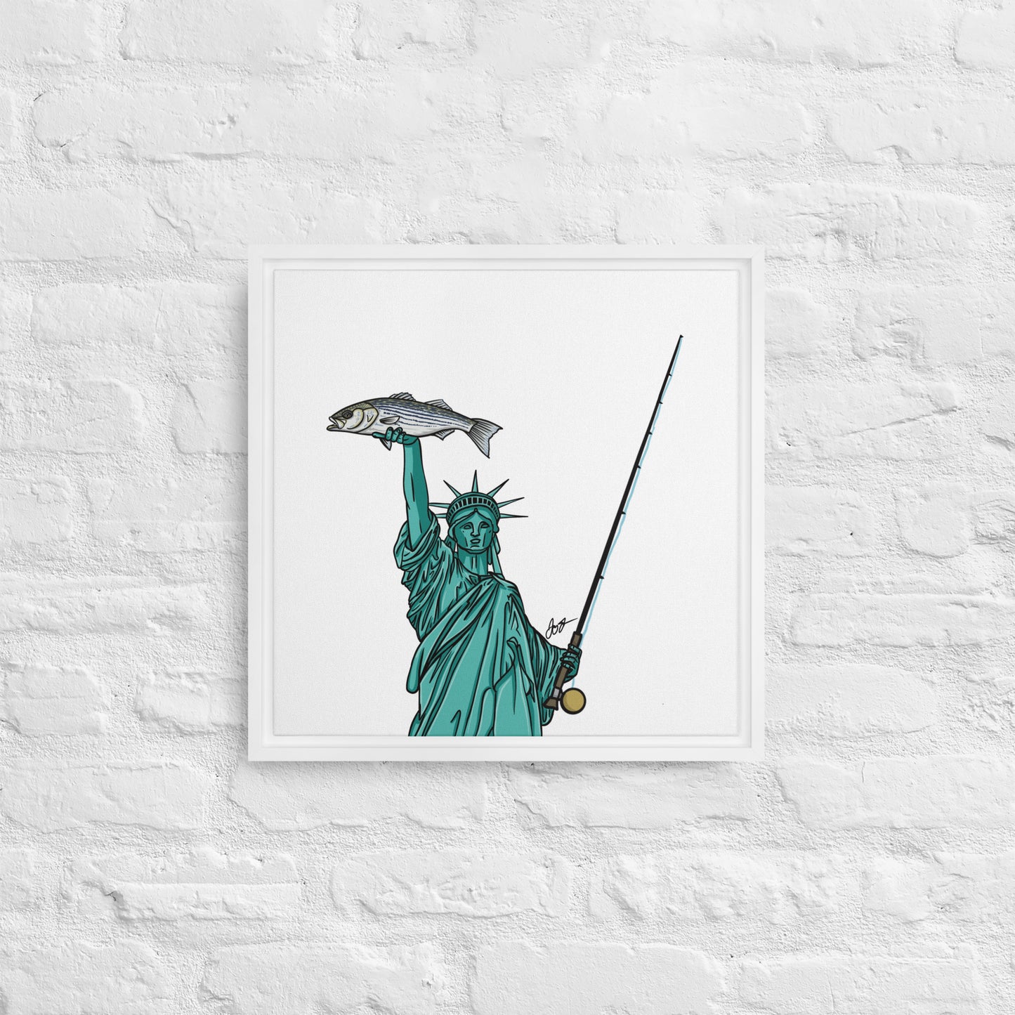 Lady Liberty Holding a Striper: Freedom! Framed Canvas Print